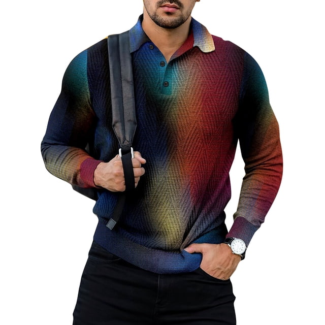 Innerwin Polo Chemise à Manches Longues Homme Tee Course Boutons T-Shirts Décontractés Style D 3TG. une Chemise Polo à Manches Longues pour Homme avec Encolure à Revers, Patte de Boutonnage et Motif Géométrique Rayé vibrant en Tons Multicolores. Faite de 95 % polyester et 5 % Élasthanne, le Tissu Est Doux, Respirant et Extensible. Idéal pour les Tenues Décontractées, les Réunions d'Affaires Ou les Activités Sportives comme le golf et le rugby. Conçue avec une Couverture Longueur Hanche et un design Ajusté, Partie de la Catégorie Hauts pour Hommes et Chemises Polo.