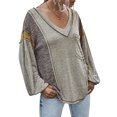 thumbnail image 4 of Women Pocket front Colorblock V Neck Long Sleeve Pullover Shirt, 4 of 7