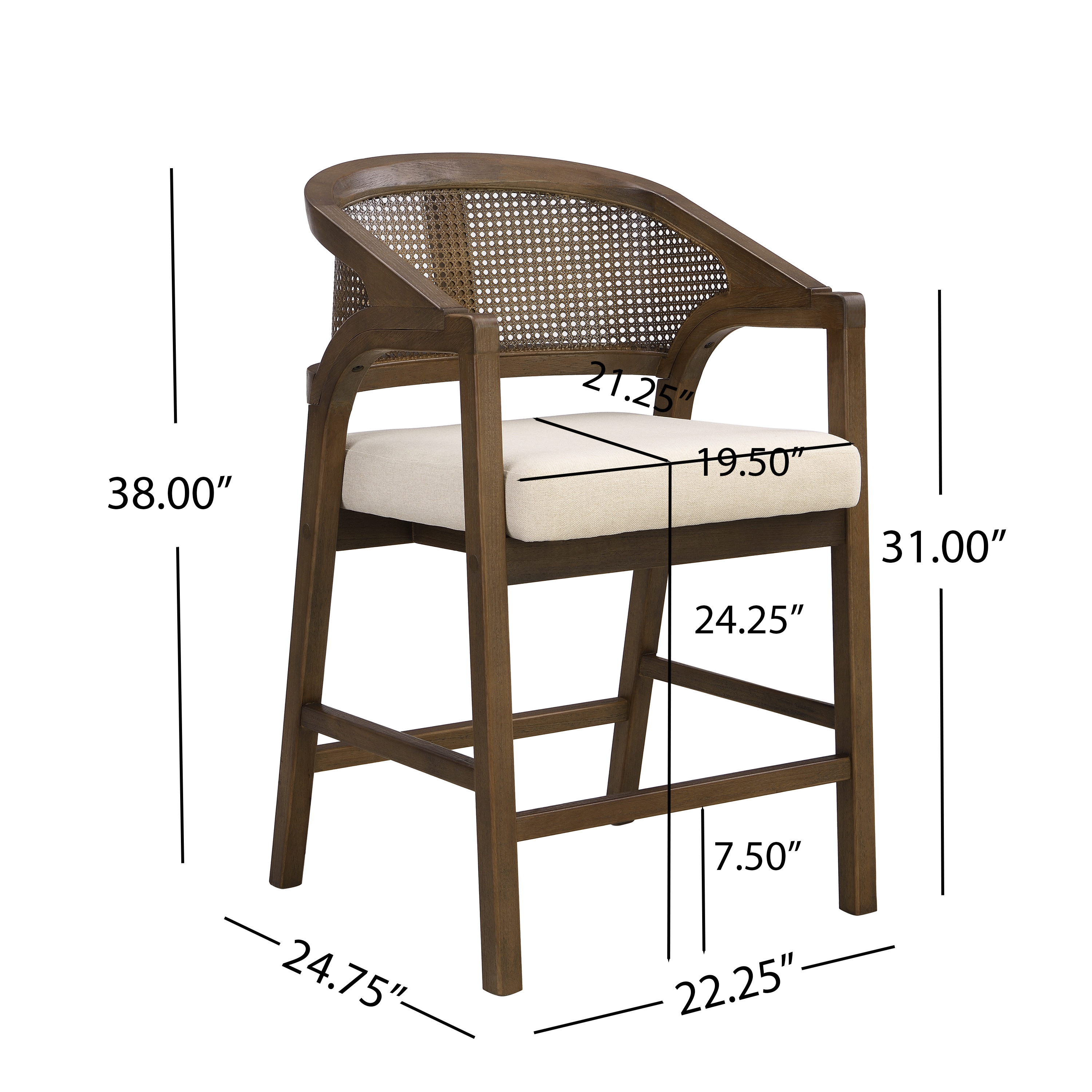 Noble House Wooden Frame Counter Stool Set of 2,Rattan Back with Rubberwood Frame,Beige+Walnut