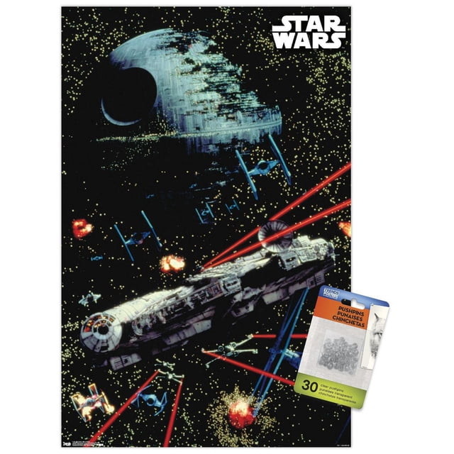 Star Wars : Saga - Affiche Murale de Bataille Spatiale, 22,375 Pouces x 34 Pouces Présentant une Impression Brillante d'Une Bataille Spatiale avec l'Étoile de la Mort Partiellement Construite, Plusieurs Chasseurs TIE, et le Faucon Millennium Tirant des Explosions laser Rouges sur un Fond Noir Rempli d'Étoiles, Idéal pour Décorer des Chambres, des Bureaux Ou des Dortoirs avec des Punaises Transparentes Incluses pour une Suspension Facile.