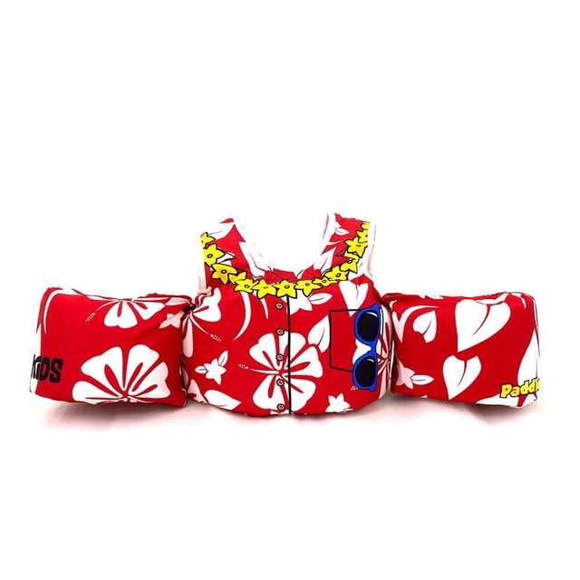 Body Glove Paddle Pals Veste de Natation Brevetée - Fleur en Rouge avec Motif floral d'Hibiscus Blanc et Collier à Fleurs Jaunes, avec Brassards Attachés, une Poche avant avec Graphique de Lunettes de Soleil Bleues, Sangle de Poitrine Ajustable et Boucle Arrière à Dégagement Rapide pour Enfants de 33 à 55 Lb.