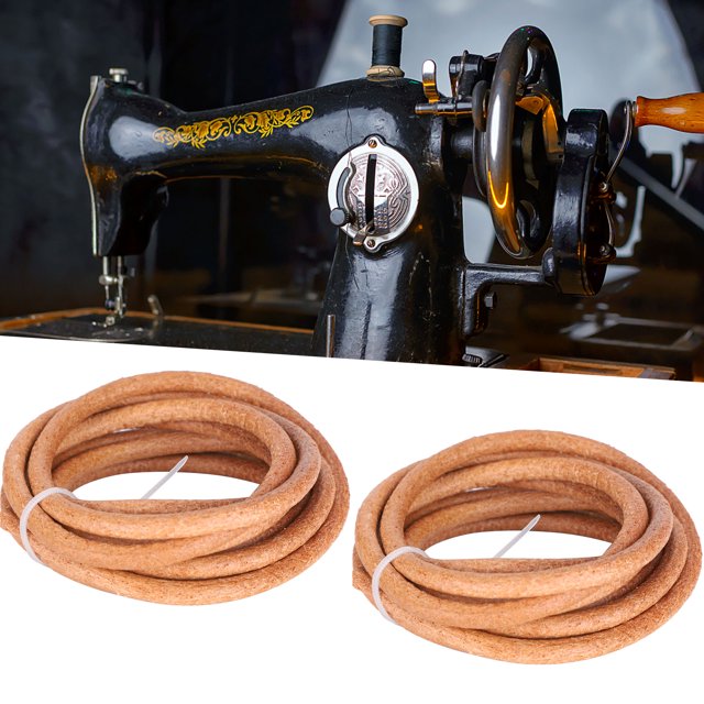 Sewing Machine Leather Drive Belt, a set of two replacement cowhide belts with hooks for household foot sewing machines. Each belt measures approximately 180cm in length and is abrasion-resistant, elastic, and high-strength. Ideal for vintage sewing machines, shown alongside a black antique sewing machine with gold detailing.