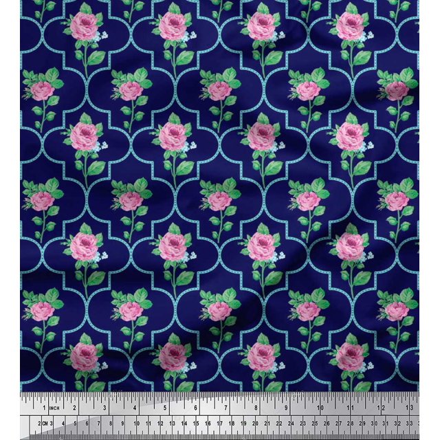 Soimoi Tissu Popeline de Coton Design Quatrefoil, Feuilles & Roses Imprimé Floral 1 Yard 56 Pouces de Large