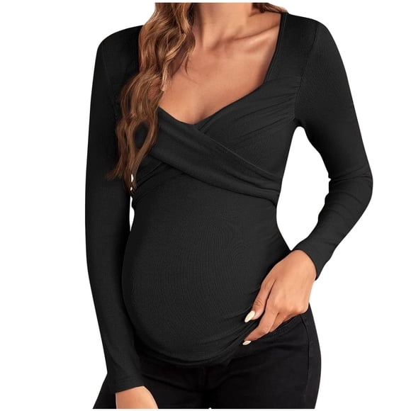 Diufon Maternity Tops for Women Long Sleeve Crisscross Wrap Knit Cotton Sweaters V Neck Slim Sexy Pregnancy Clothes