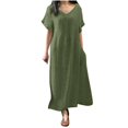 thumbnail image 1 of Yuyuzo Robe Maxi en Coton et Lin pour Femmes à Manches Courtes, Col en V, Longue Robe Décontractée Ample et Fluide avec Poches, 1 of 6