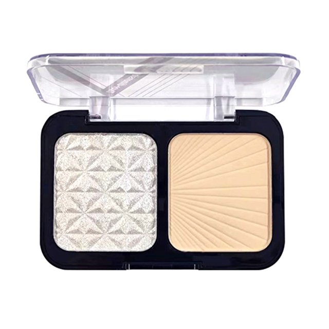 Sifdseng Sweat Proof Powder with Moisturizing Formula, a dual compact makeup product featuring a shimmering highlight powder on the left and a matte beige setting powder on the right. Designed for contouring, highlighting, and long-lasting coverage, it minimizes pores and conceals imperfections. The compact has a clear lid and a sleek black base, suitable for face makeup.