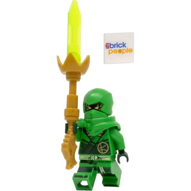 LEGO Ninjago Dragons Rising: Lloyd Garmadon Minifigure with Dragon Blade. The multicolour figure is approximately 2 inches tall and features intricate green ninja attire with gold accents. It includes a translucent green and gold Dragon Blade and a 'The Brick People' tile. Suitable for use with standard LEGO sets. Comes in authentic LEGO paper bag packaging. Not recommended for children under 6 years due to small parts.