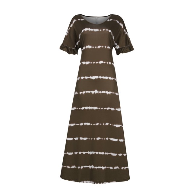 VEKDONE Robe Maxi d'Été pour Femme à Manches Courtes, Rayée, Décontractée, Longue, de Plage, Coupe Ample, Col en V, Robe Soleil, Détente, Fluide, Robe T-Shirt