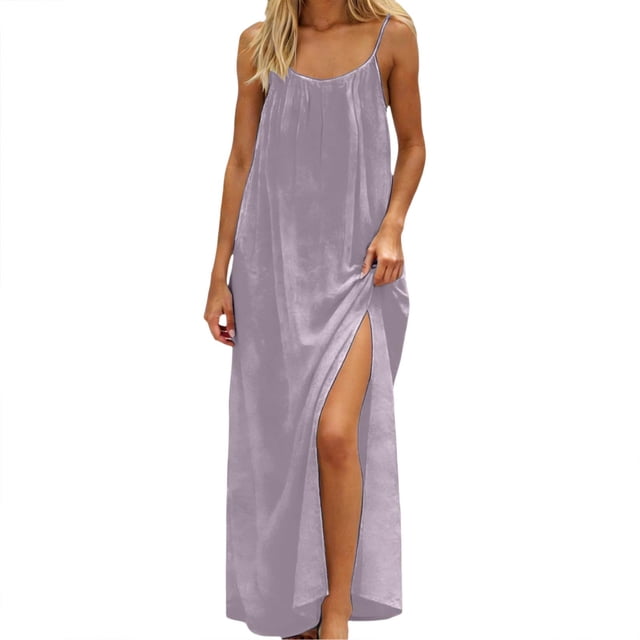 Daiosportswear Robe Longue de Détente Ample à Bretelles Spaghetti et Dos Nu pour Femmes, Robe-Robe à Manches Courtes pour Femmes Violet m(m)