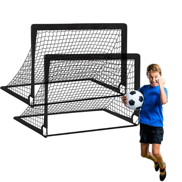 Kids' Foldable Soccer Goal Set 2-Pack (Black) - Portable Training Nets for Indoor/Outdoor Use with Steel/Fiberglass Frame, 4 Support Rods, 8 Ground Nails & Storage Bags - 120x90x90cm Size for