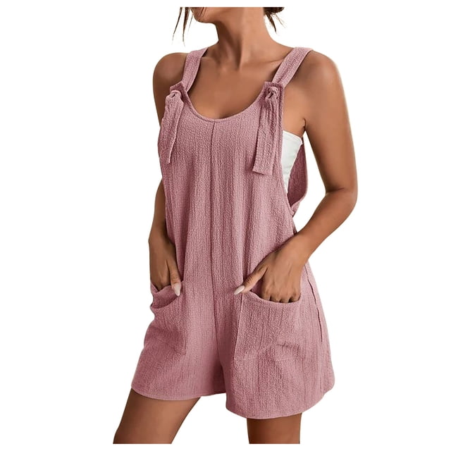 yoeyez Womens Rompers And Jumpsuits for Summer,Women Solid Color Adjustable Straps Jumpsuits Sleeveless Round Neck Shorts Playsuits Overalls With Pockets Pink,S
