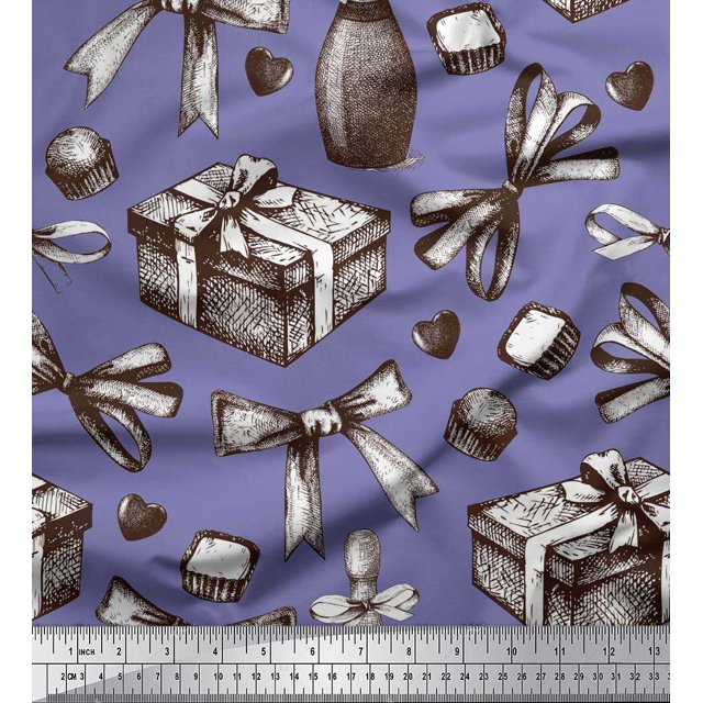 Soimoi Cotton Voile Fabric Ribbons,Gift Box & Wine Bottle Party Print Fabric by Yard 42 Inch Wide