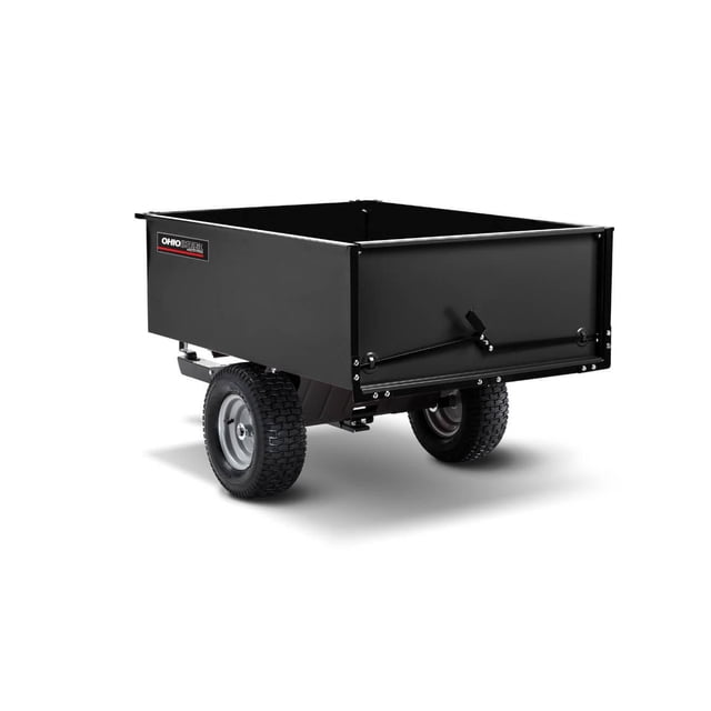 Ohio Steel 16 cu ft Steel Swivel Dump Cart with bolt-together steel bed in matte black, rugged treaded tires, and rear tailgate latch, hauling up to 1250 lb. for garden and farm use, featuring patented swivel dump within 105-degree radius and foot pedal release, ideal for mulch, firewood, and landscaping materials.