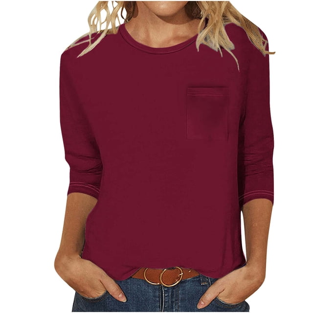 FAIWAD Womens 3/4 Sleeve Tunic Tops Solid Color Round Neck Shirt Soft Lightweight Loose Top with Chest Pockets