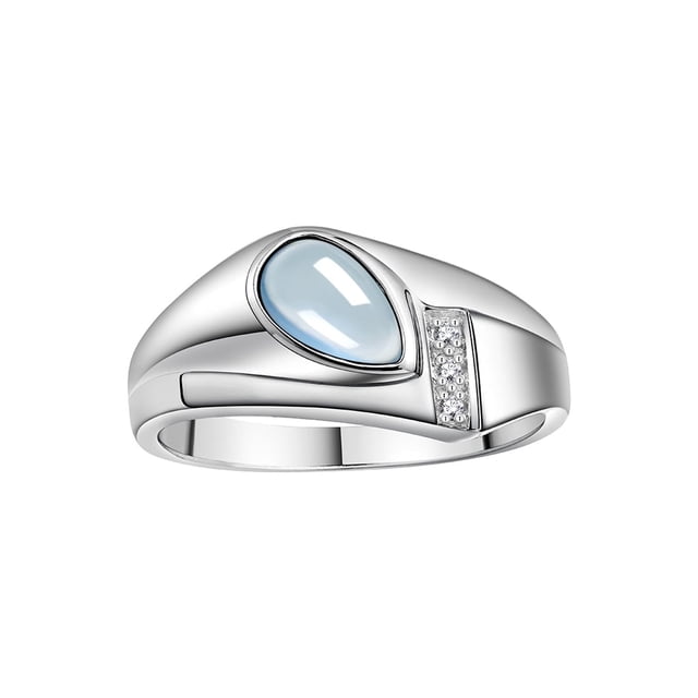 RYLOS Men's Rings 14K White Gold Ring - Timeless Pear Shape Cabochone Gemstone & Diamonds - Tear Drop Cabochon AQUAMARINE Rings For Men Size 10