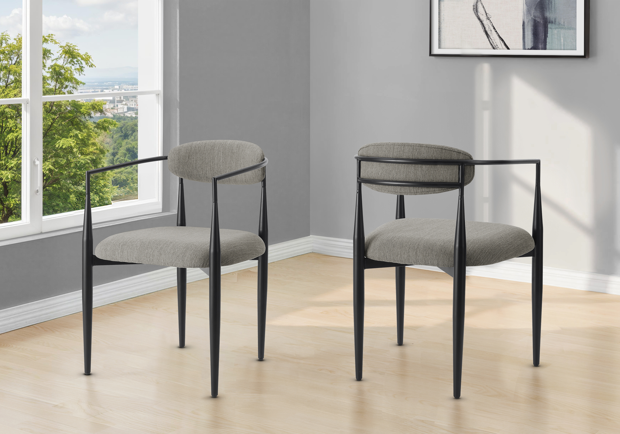 Monarch Specialties - Chaise, 32" Hauteur, Ensemble De 2, Rembourré, Coté, Salle À Manger, Cuisine, Tissu Gris, Métal Noir, Contemporain, Moderne