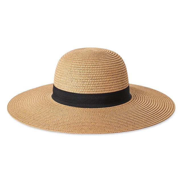 Time and Tru Women's Paper Panama Hat with a wide brim and rounded crown made of 100% paper straw in natural tan, featuring a black ribbon band, shown front-facing on a white background, suitable for sun protection and often used as a lightweight accessory for beach or outdoor wear.