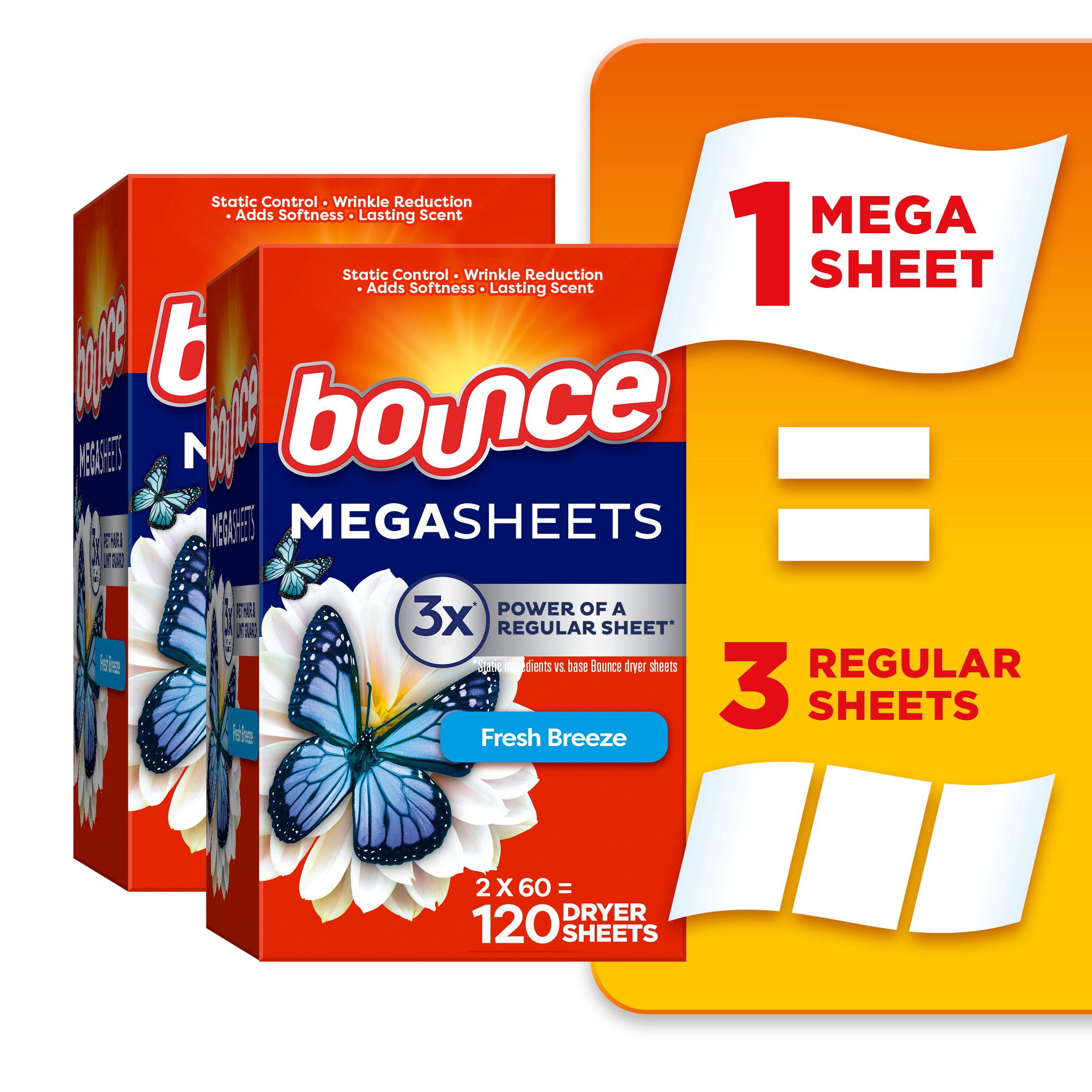 Bounce Mega Dryer Sheets, Fresh Breeze, 120 Count, Mega Fabric Softener Sheets with Static Control, Wrinkle Reduction, Extra Softness, Lasting Scent, Repels Lint