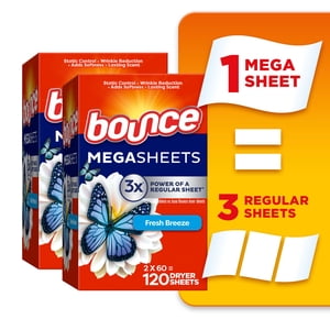 Bounce Mega Feuilles de séchoir, Breeze fraîche, 120 Compte, Méga feuilles d'adoucissement de tissu avec contrôle statique, réduction des rides, softness extra, lasting Scent, Repels Lint