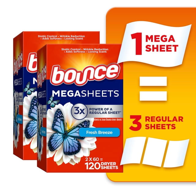 Bounce Mega Dryer Sheets Fresh Breeze fabric softener sheets packaging showing two orange boxes with blue butterflies and white flowers, highlighting 3x the static control power of regular sheets, 120 sheets total, and benefits including wrinkle reduction, extra softness, lasting scent, and lint repelling for laundry care.