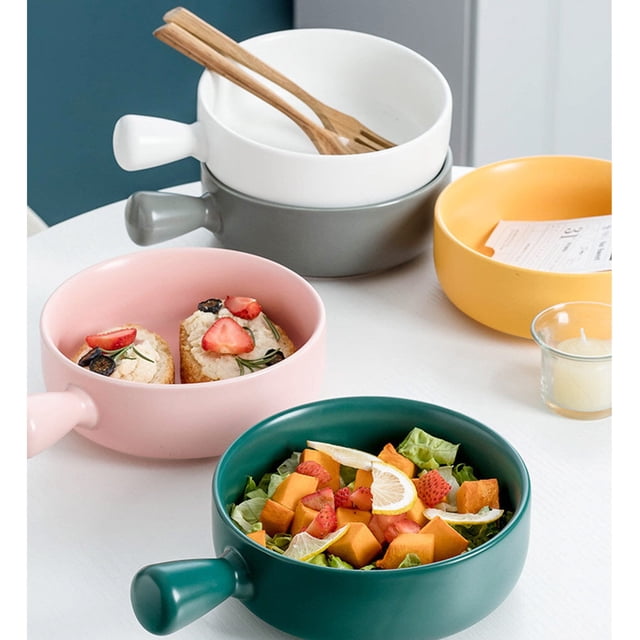 fastboy Ceramic Salad Bowl Handled Solid Color Adorable Washable Cute Home Breakfast Dinner Soup Fruit Bowls Tableware Black