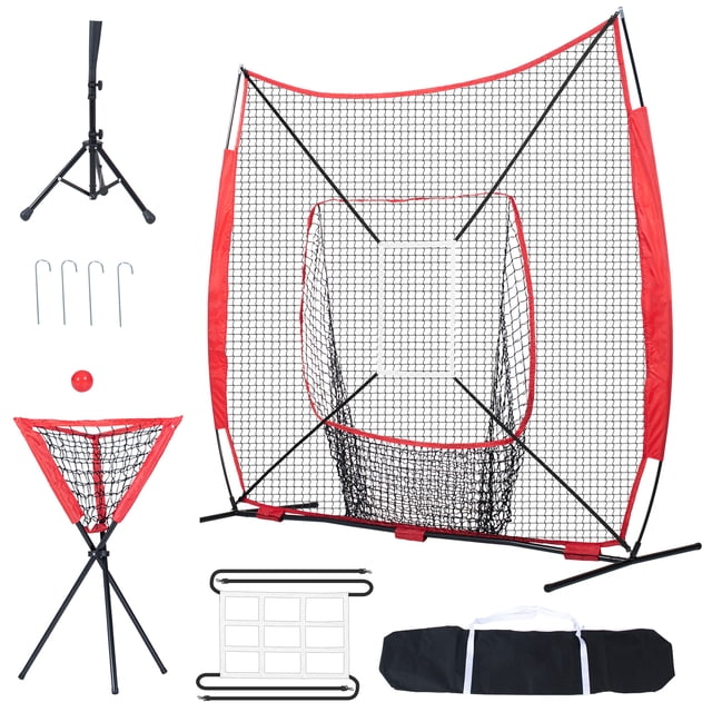 KFFKFF 7x7 ft baseball and softball practice net with an arc frame, designed for batting, catching, and pitching training. The set includes a polyester net with a reinforced fiberglass frame, a nine-grid target frame, a square target frame, a batting tee, a red 16oz sand-filled ball, four anti-tip ground stakes, a triangular ball collector, and a durable 600D storage bag. The net features a sturdy carbon steel base for stability and weather resistance, making it suitable for outdoor use. Ideal for players of all skill levels to improve accuracy, strength, and control.