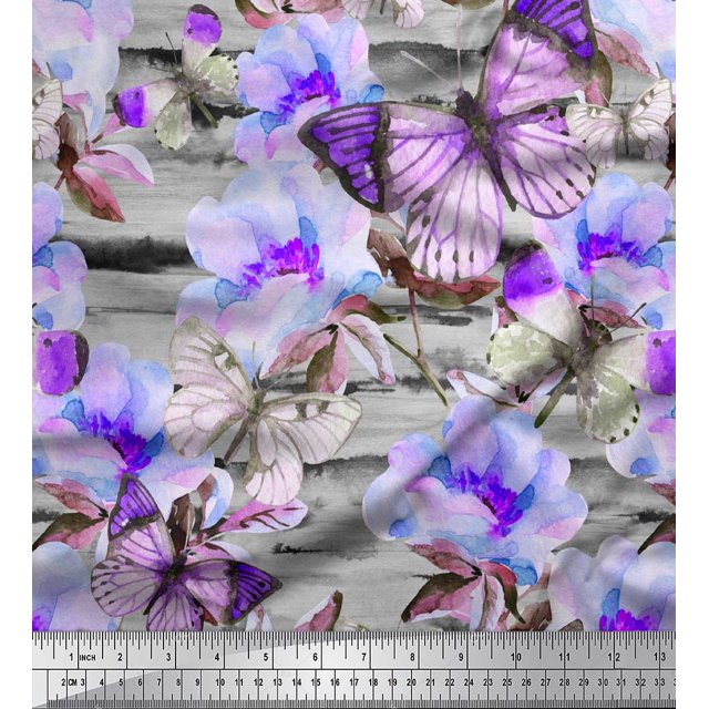 Soimoi Purple Moss Georgette Fabric Stripe,Floral & Butterfly Print Fabric by Yard 42 Inch Wide