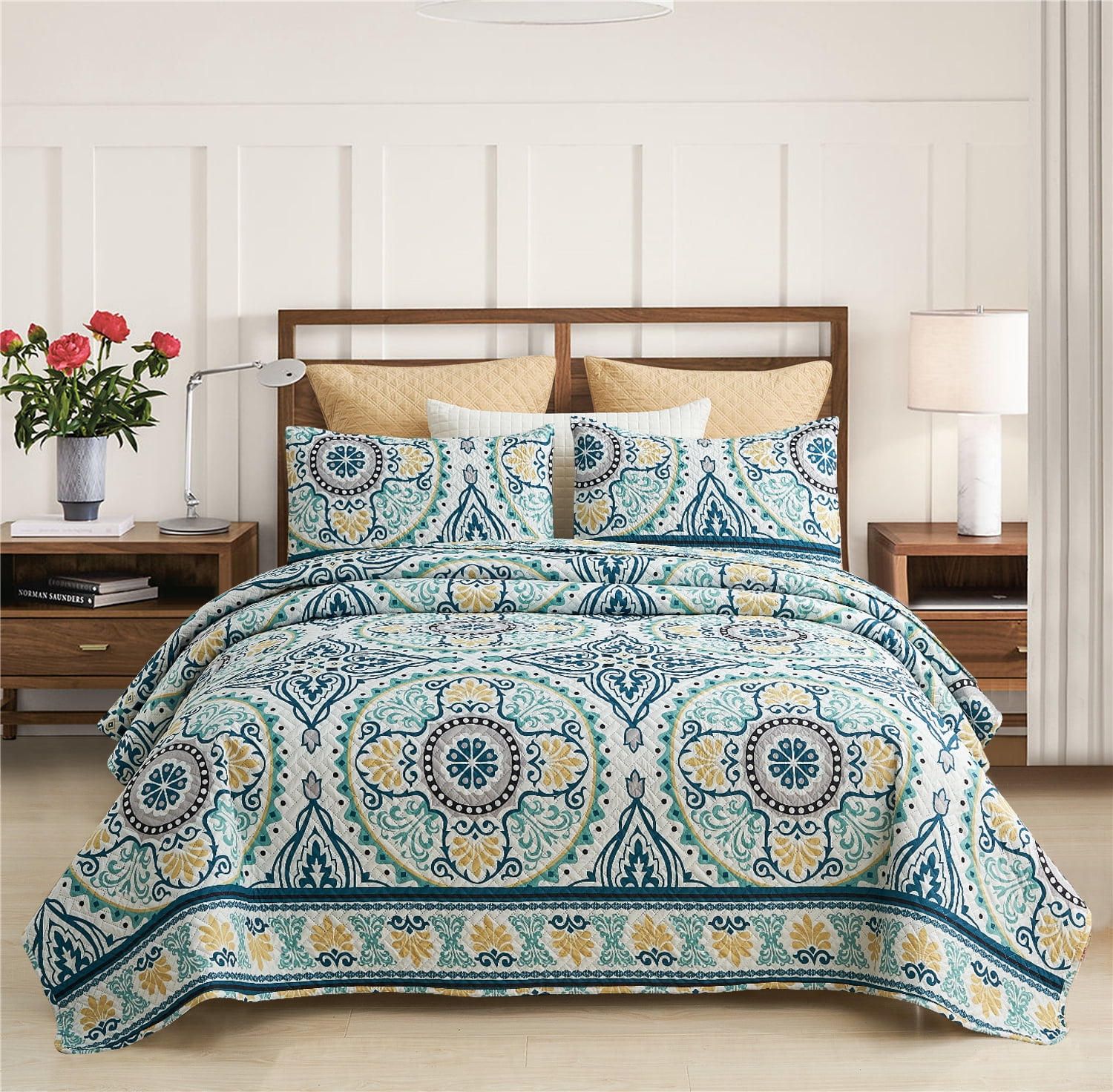 JML Quilt Set 3 Piece, Embossed Bedspread Bedding Set with 2 Shams, King, Atrovirens & Yellow
