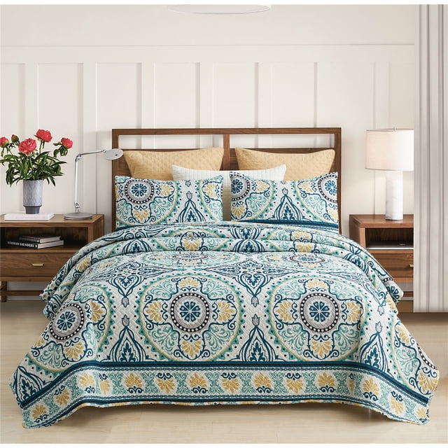 JML Quilt Set 3 Piece, Embossed Bedspread Bedding Set with 2 Shams, Queen, Atrovirens & Yellow