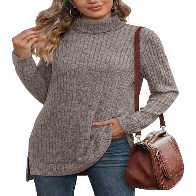 Ribbed Turtleneck Top for Women - Long Sleeve Basic Shirt with Side Slit
