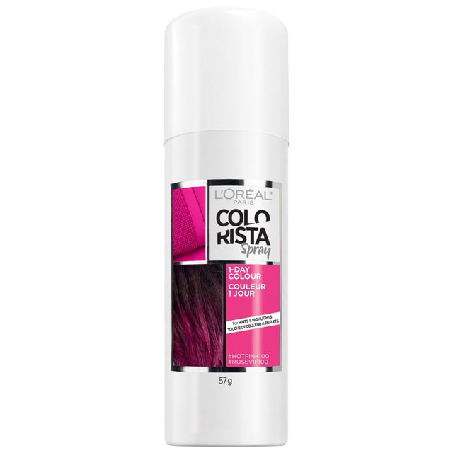 L'Oréal Paris Colorista One-Day Colour Spray, 57g white spray can with label displaying hot pink fabric and hair highlights, providing temporary hair colour that washes out with shampoo, suitable for adding vibrant pink hints and highlights for one day.