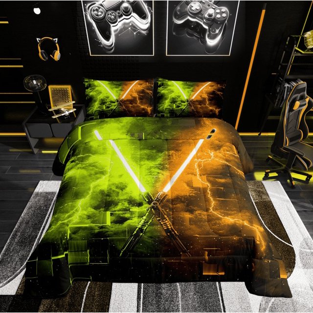Erosebridal Neon Lightsaber Bedding King Comforter Set, Yellow Orange Geometry Down Comforter, Lightning Decor, Breathable