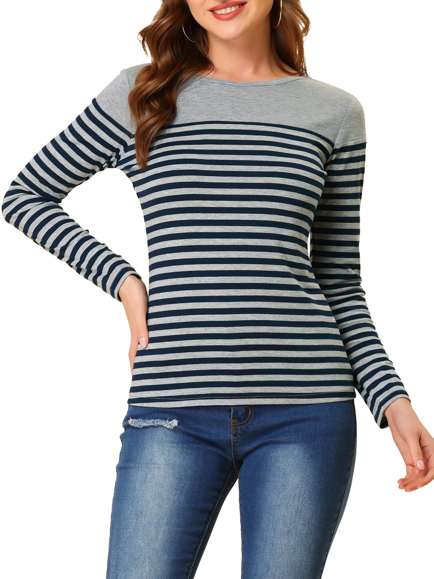 INSPIRE CHIC Women's Blouse Striped Color Block Long Sleeve Causal T-Shirt M Gray Blue