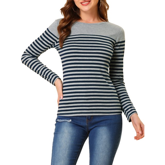 INSPIRE CHIC Blouse pour Femme à Rayures à Blocs de Couleur à Manches Longues T-Shirt Décontracté TG Gris Bleu