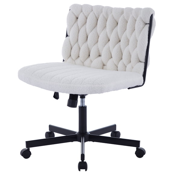 AKDSteel Modern Beige Armless Office Desk Chair with Criss-Cross Swivel Base, Faux Fur Seat, 300 lbs Capacity
