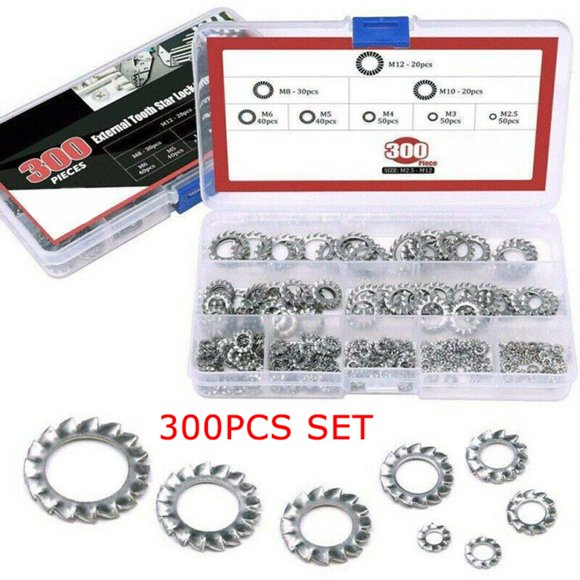 300Pcs/Set Tooth Lock Washers 304 Stainless Steel External Star Assortment Kit