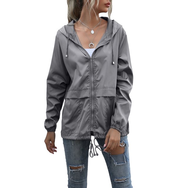 Women's Casual Hooded Jacket Lightweight Waterproof Rain Windbreaker Solid Color Zipper Drawstring Raincoat