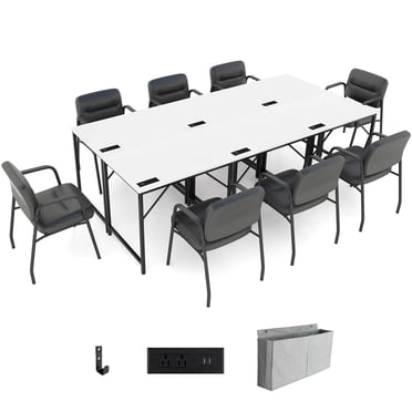 Costway Ensemble de 6 Bureaux de Salle de Réunion 32 Pouces avec Station de Recharge et Crochet pour Écouteurs, Cadre en Métal, Blanc