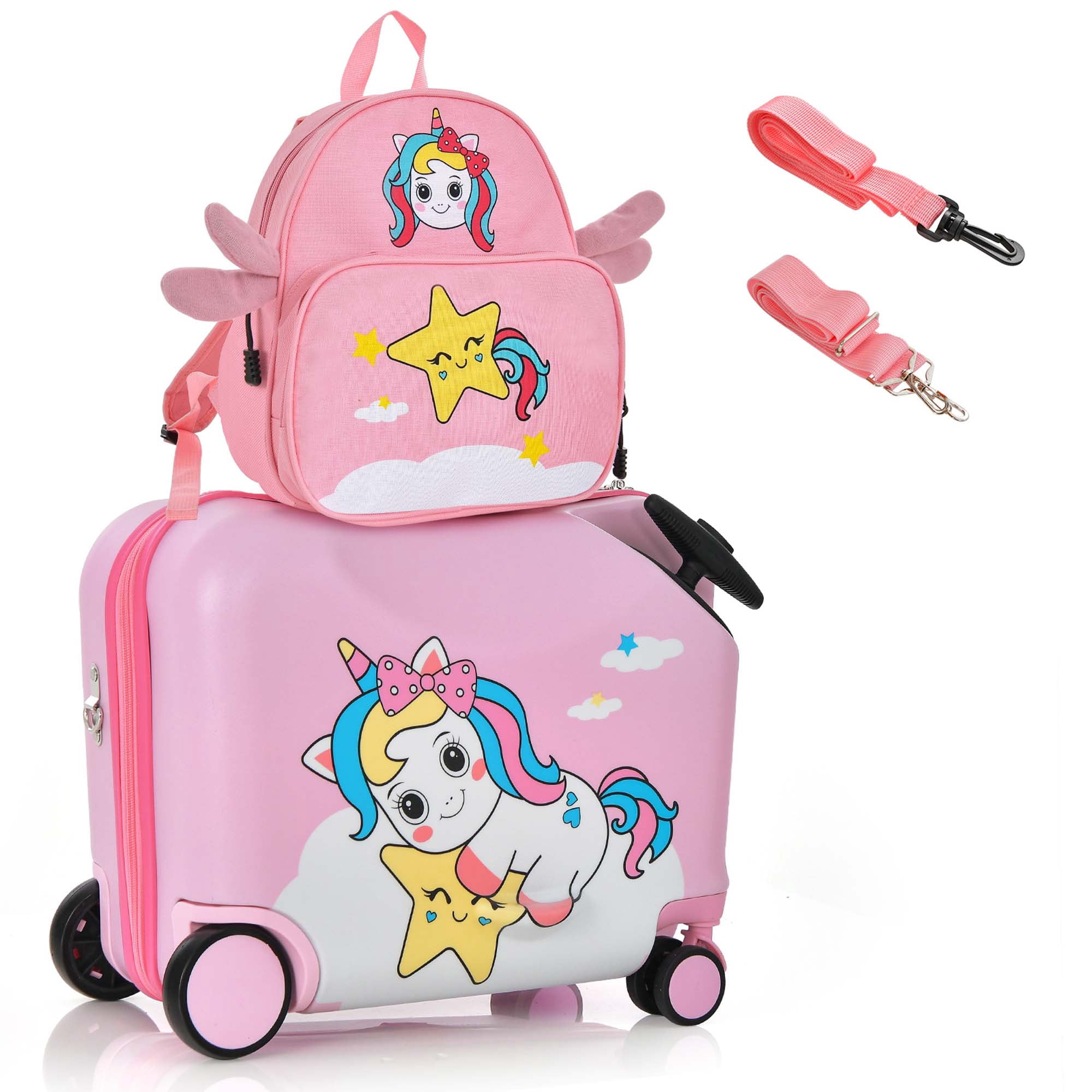 Costway 2PC Kids Ride-on Luggage Set 18" Carry-on Suitcase & 12" Backpack Anti-Loss Rope