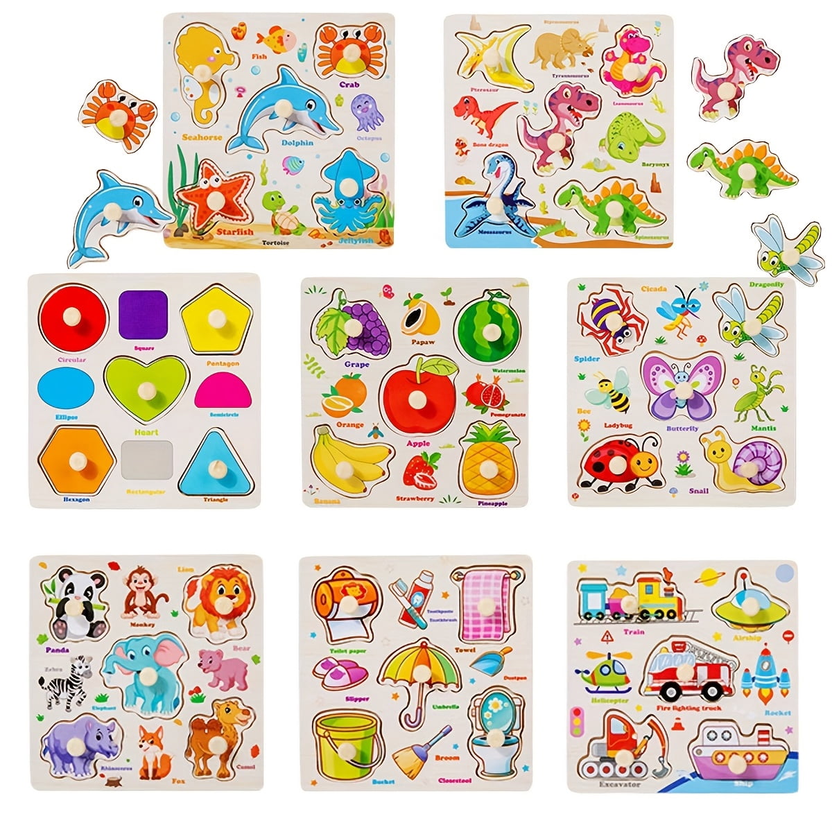 LEEYNEER Wooden Peg Puzzles for Toddlers 2-4  8pcs Educational Peg Puzzles Learning Toys  Learning Puzzles for Kids Girls Boys 1-3 3-5 with Alphabet Number Animal Vehicle Shape