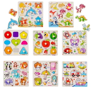 LEEYNEER Puzzles en bois pour les tout-petits 2-4 8pcs Puzzles éducatifs Peg Apprentissage Jouets Apprentis Puzzle pour les enfants Filles Garçons 1-3 3-5 avec Alphabet Nombre Animal Vehicle Shape