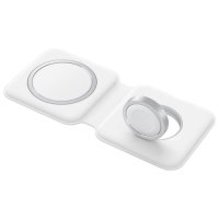 Apple MagSafe Duo Wireless Charger in white, featuring a dual charging pad design with a circular charging area for iPhone and a raised charging module for Apple Watch. The compact charger folds neatly for portability and is compatible with Qi-certified devices, including AirPods. Includes a 1-metre USB-C to Lightning cable.