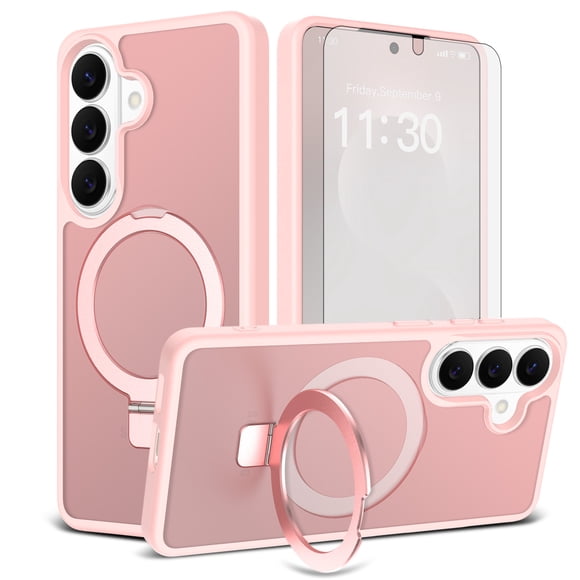 Asuwish Phone Case for Samsung Galaxy S26 5G Tempered Glass Screen Protector Magnetic Folding Stand Frosted Translucent Rugged Shockproof Protective Cell Cover S 26 26S 26 26S Women Men Pink