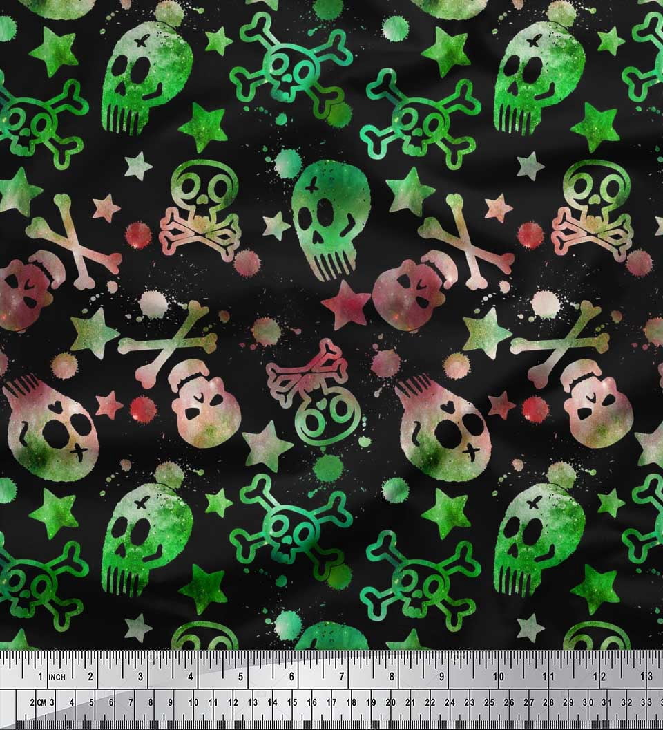 Soimoi Crepe Silk Fabric Star,Crossbones & Skull Halloween Decor Fabric Printed Yard 42 Inch Wide