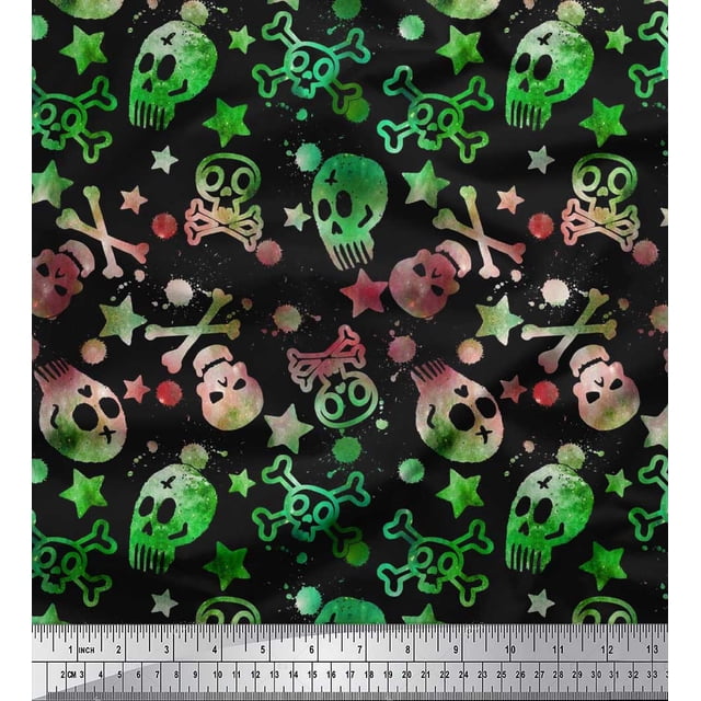 Soimoi Japan Crepe Satin Fabric Star,Crossbones & Skull Halloween Print Fabric by The Yard 42 Inch Wide