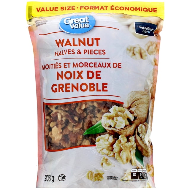 Great Value Walnut Halves & Pieces in a resealable 908 g value-size bag showing walnut halves and pieces through a clear window, bilingual English and French text, Ingredient Wise symbol, suitable for snacking or as a nut topping on desserts.