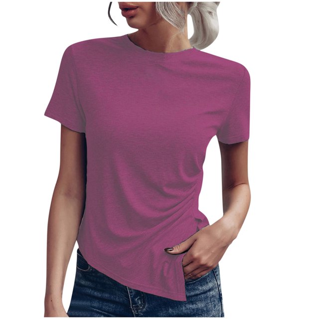 Womens Short Sleeve Solid Color Basics Crewneck Casual Top Pullover T-shirt in a vibrant magenta shade. The top features a classic crewneck design, short sleeves, and a relaxed fit, made from soft, breathable polyester fabric. Styled with denim jeans, it is suitable for casual occasions in spring and summer. Available in sizes S to XXXXXL.
