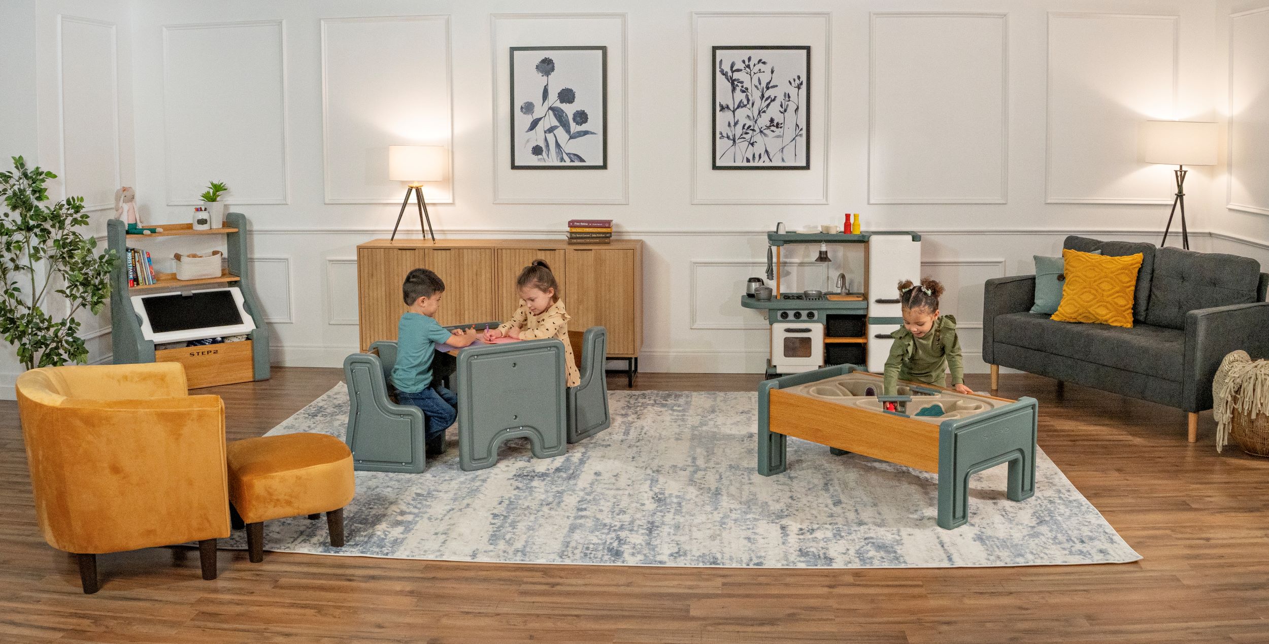 Step2 Harmony – Coffre à jouets avec couvercle-tableau, organisateur de jouets pour tout-petits et enfants (dès 2 ans) – Gris sauge