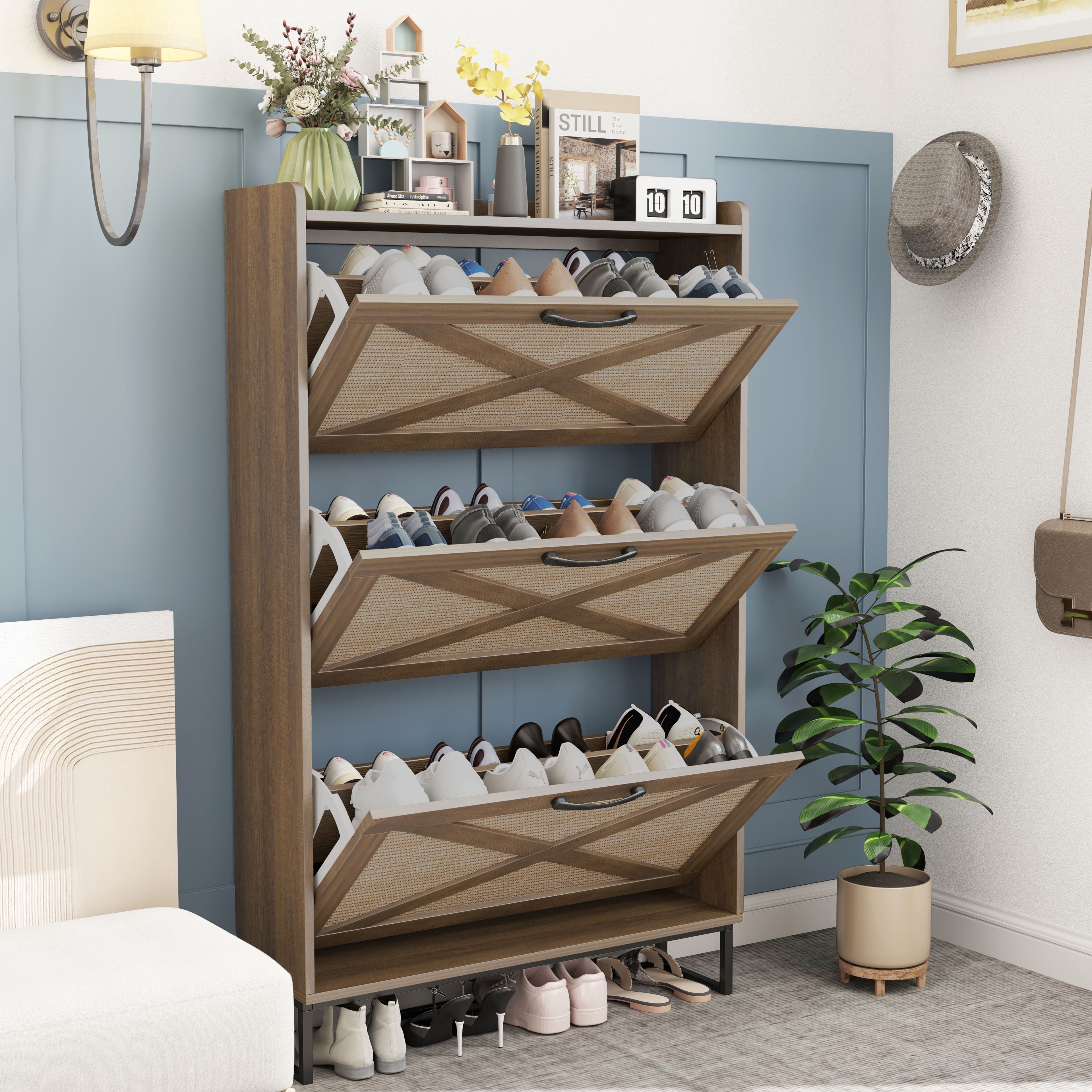 Vabches Shoe Storage Cabinet with 3 Flip Drawers, Narrow Shoe Rack Cabinet for Entryway Hallway, Free Standing Shoe Storage Organizer