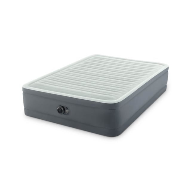 Intex Grand Premaire I Surélevé Airbed avec Fiber-Tech Rp en Gris avec un Dessus Nervuré Blanc, Montré dans une Vue 3/4 avec la valve de Gonflage Intégrée, Côtés en PVC Laminé Durables, et Hauteur Surélevée de 18 Pouces pour un Accès Facile, Idéal pour le camping et les Hébergements d'Invités.